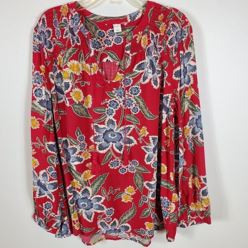 Old Navy Red Floral Long Sleeved Peasant Top Tassels Side Slits Sz S